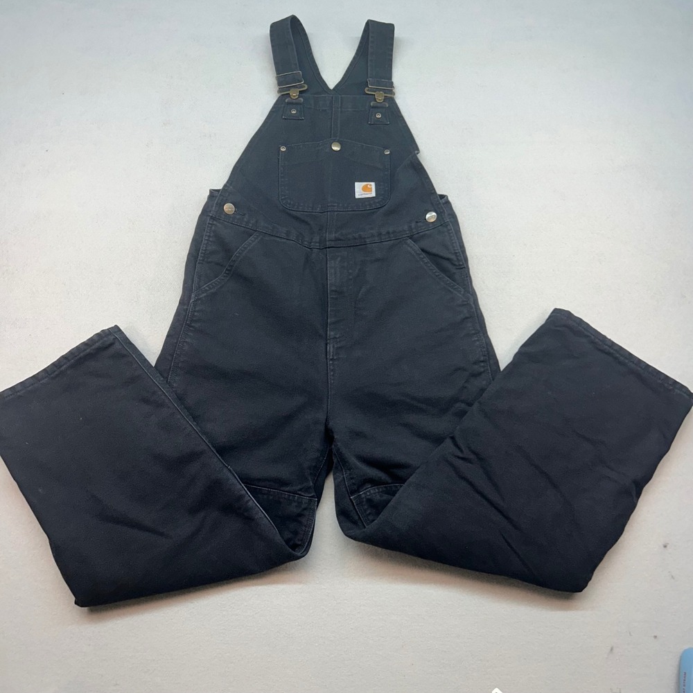 Carhartt Kids Black Duck Canvas Quilt Lined Bib Overalls Size 12 Double Knee